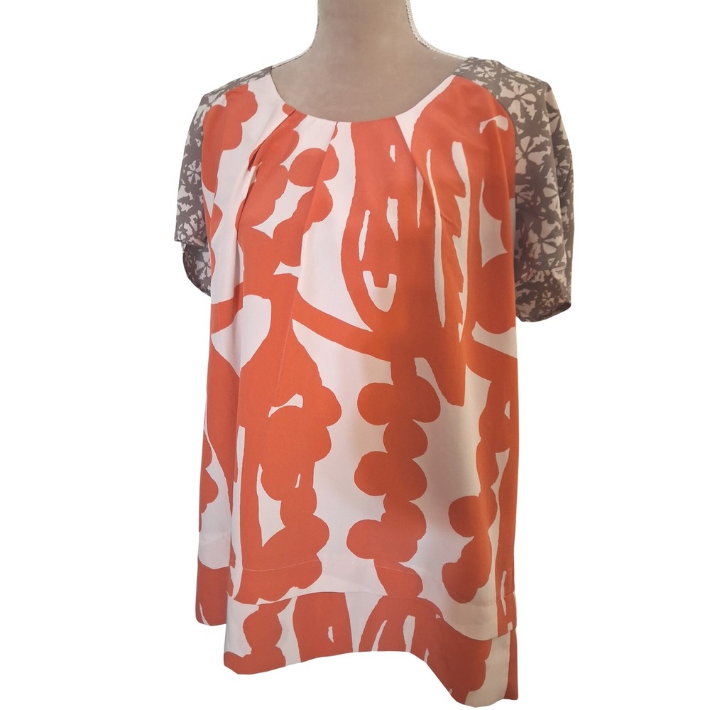 Simply Vera Wang Orange Grey Abstract Floral Short Sleeve Blouse Large